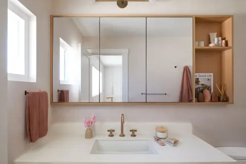 Modern bathroom with a large mirrored medicine cabinet, offering great double vanity mirror ideas.
