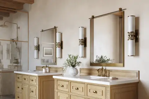 Two elegant wall sconces illuminate each side of the mirrors above the 72-inch vanity, creating a balanced and luxurious bathroom ambiance.