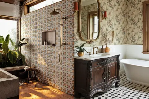A bathroom with a patterned tile shower wall and timeless bathroom flooring featuring a black and white octagonal tile pattern.