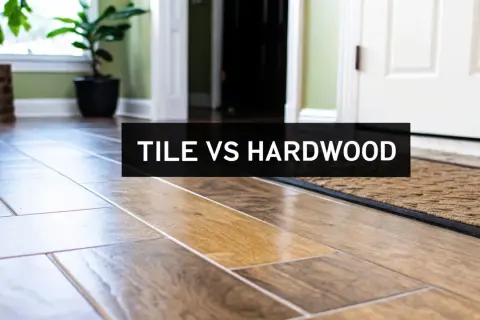 A hallway showcases a comparison of tile vs hardwood flooring, with plants and a door in the background.