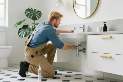 A plumber is kneeling, performing a bathroom vanity installation, tightening pipes under a sink with a wrench.