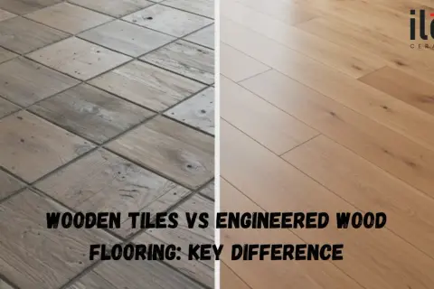 Comparing wood look tile and engineered wood flooring. The left shows rustic, square wood tiles, while the right displays smooth, light brown planks.
