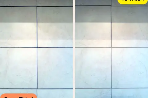 Before and after comparison showing how to clean ceramic tile. The left side shows dirty tiles, the right side shows sparkling clean tiles.