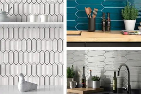 Kitchen backsplashes feature a modern picket tile pattern, shown in white, teal, and grey.