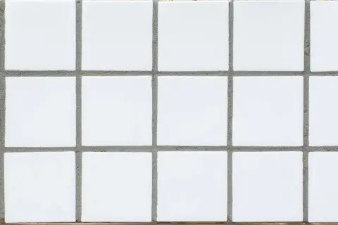 A grid of small, white square tiles with gray grout filling the spaces between them. This grout is what holds the tiles together and prevents water from seeping through.
