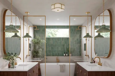 Elegant bathroom with dual vanities, a freestanding tub, and green tiled showers. Learn how to hang a bathroom mirror for a similar look.