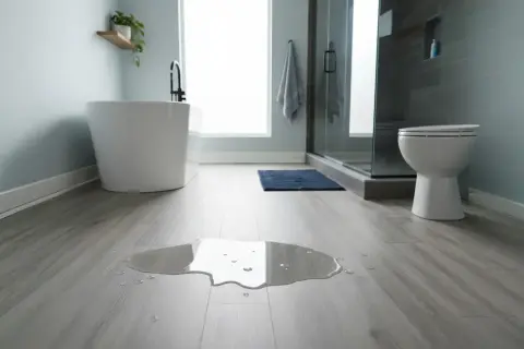 A puddle of water on a modern bathroom floor with LVT flooring. A freestanding tub and toilet are visible.