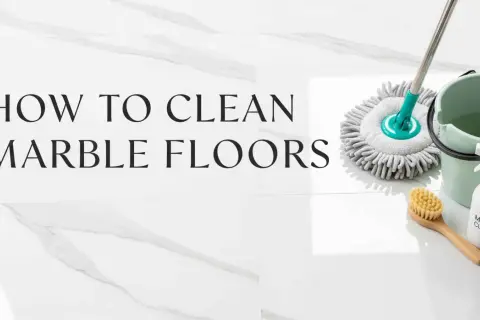 Learn how to clean marble floors with this guide. Supplies include a mop, bucket, spray bottle labeled "Marble Cleaner," and a brush.