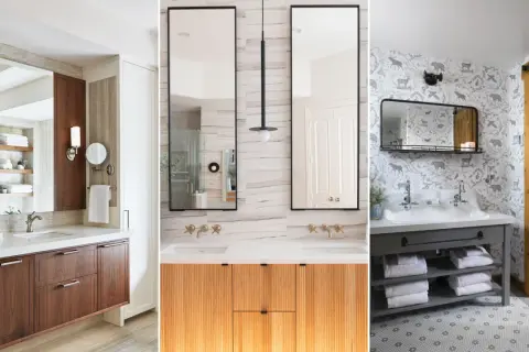 Modern double vanity bathroom ideas featuring wood, fluted cabinets, and a rustic animal-print wallpaper.