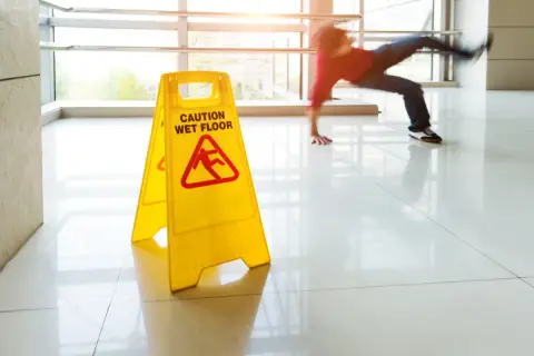A person slips on a wet floor, narrowly avoiding a fall next to a yellow "Caution Wet Floor" sign. The shiny tiles suggest a low dcof tile rating.