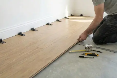 Installing vinyl plank flooring. Spacers are used to maintain an expansion gap around the perimeter, crucial for how to clean vinyl plank flooring properly later.