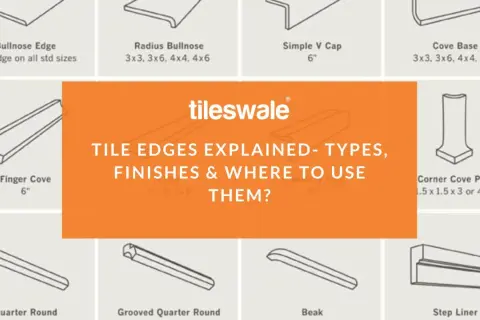 Diagrams illustrating various types of bullnose tile edges, including Radius Bullnose and Bullnose Edge, alongside other tile trim profiles.