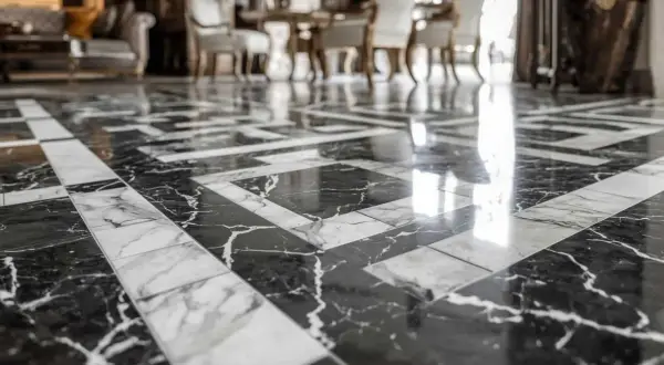 A luxurious marble tile floor with a striking black grout pattern. The polished surface reflects light, highlighting the intricate geometric design.