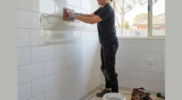 A woman is re grouting a white tiled wall with a trowel.