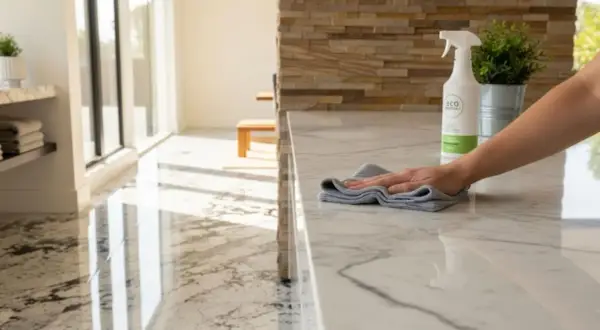 A hand wipes a marble countertop with a cloth, part of natural stone maintenance. A spray bottle and plant sit nearby.