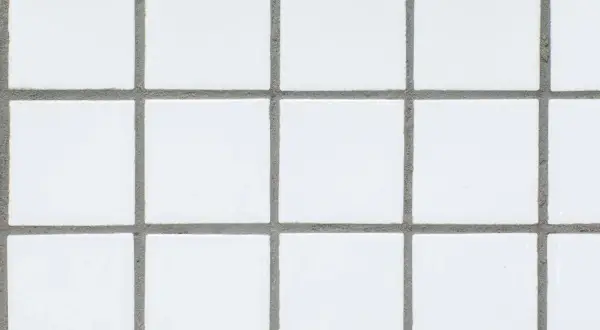 Close-up of white porcelain tiles with visible, unsanded grout lines.