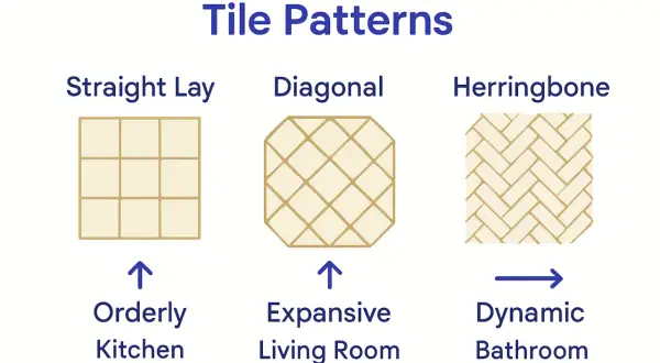 Comparing tile patterns: straight lay for an orderly kitchen, diagonal for an expansive living room, and herringbone for a dynamic bathroom.