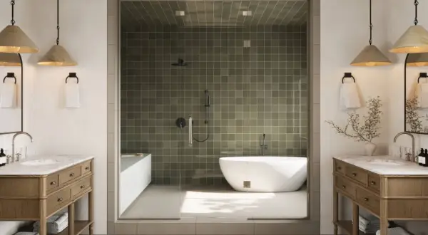A modern bathroom with dual vanities and a glass-enclosed shower featuring olive green tiles, showcasing a bathtub and shower. This design highlights the most durable tile for a long-lasting, stylish space.