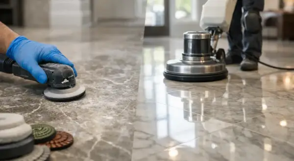 A gloved hand uses a small polisher on marble tile, while a large floor buffer shines the rest of the floor.