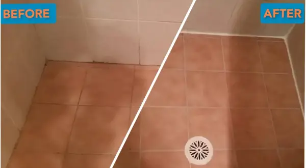 Before and after of a DIY shower tile cleaning. The grout is visibly cleaner and brighter in the after shot.