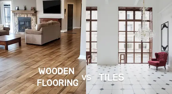 Split image comparing a cozy living room with wooden flooring to a bright, airy room with tile flooring. Is tile cheaper than hardwood?