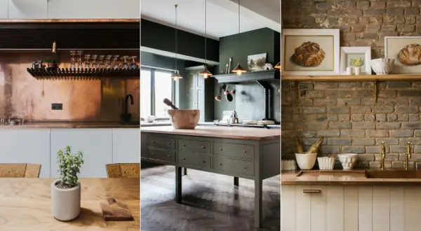 Kitchens showcasing a copper backsplash, a dark green island, and a rustic brick wall. The contrast between backsplash vs no backsplash is evident.