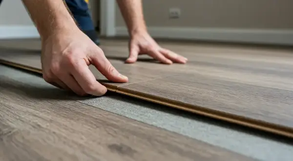 Hands guide a plank of wood-look flooring into place, showing how to cut linoleum flooring for a seamless installation.