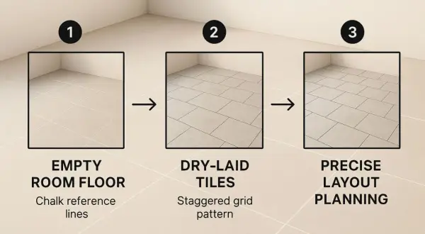 Diagram showing steps for tiling a floor: empty room, dry-laid tiles in a staggered pattern, and precise layout planning before grouting.