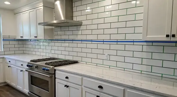 White subway tile backsplash with green grout, a stainless steel range hood, and white cabinets. This image helps visualize the cost to install tile backsplash.
