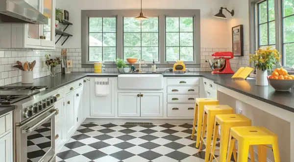 A bright kitchen with classic black and white kitchen floor tile patterns, yellow bar stools, and a farmhouse sink.