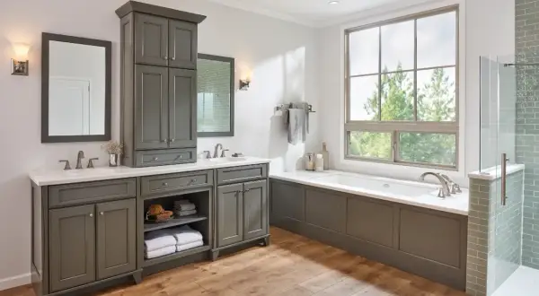 A spacious bathroom with a double vanity, featuring a mirror above each sink. The question of what size mirror for a 48-inch vanity is answered by the image, showing two mirrors, one for each sink.