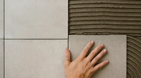 A hand places a light gray tile onto a wall with adhesive, continuing a bathroom tile installation.