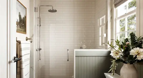 Elegant bathroom with white subway porcelain tile shower ideas, a rainfall showerhead, and a window with natural light.