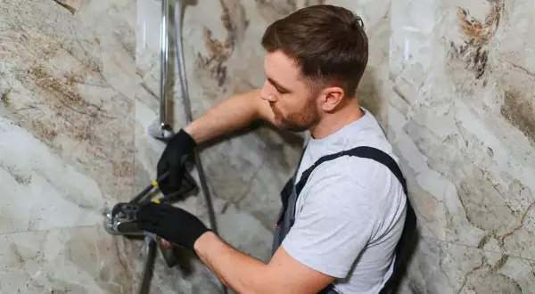 A plumber in black gloves works on a new shower install, tightening a fixture against a marble-patterned wall.