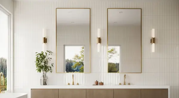 Modern bathroom with vertical subway tile design ideas, featuring a double vanity, gold-framed mirrors, and natural light.