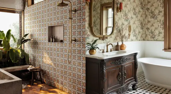 A bathroom with a patterned tile shower wall and timeless bathroom flooring featuring a black and white octagonal tile pattern.