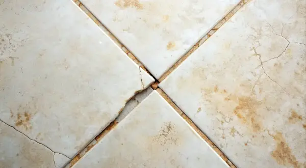 Cracked grout between beige floor tiles. Consider how often should you regrout floor tiles to prevent this damage and maintain your floor's integrity.