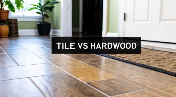 A hallway showcases a comparison of tile vs hardwood flooring, with plants and a door in the background.