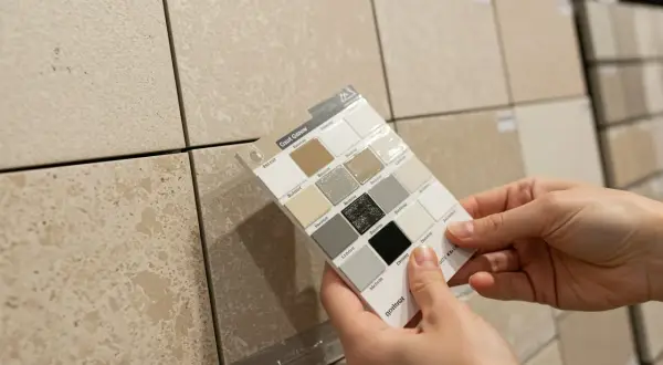 Hands hold a grout color swatch against beige tiles, exploring options for the best grout color for beige tile.