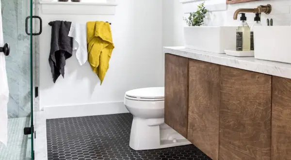 Modern bathroom with dark hexagonal tile floor, a classic choice for types of bathroom floor, a white toilet, and a wooden vanity.