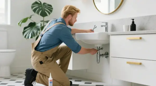 A plumber is kneeling, performing a bathroom vanity installation, tightening pipes under a sink with a wrench.