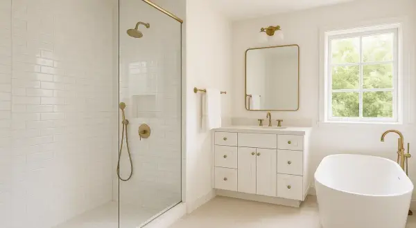 Modern bathroom with white subway tile shower, freestanding tub, and vanity. This tile reglazing project created a bright, spa-like feel.
