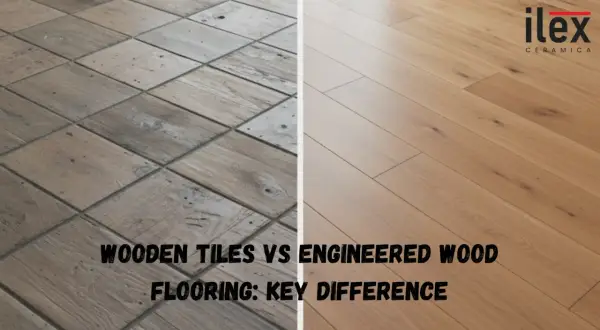 Comparing wood look tile and engineered wood flooring. The left shows rustic, square wood tiles, while the right displays smooth, light brown planks.