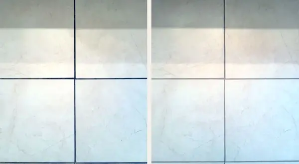 Before and after comparison showing how to clean ceramic tile. The left side shows dirty tiles, the right side shows sparkling clean tiles.