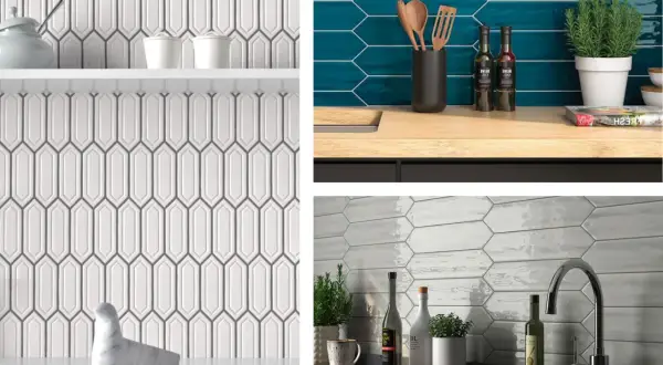 Kitchen backsplashes feature a modern picket tile pattern, shown in white, teal, and grey.