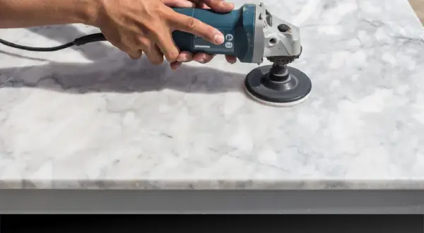 Hands using a polisher to polish a marble countertop, demonstrating how to polish marble tile for a brilliant shine.