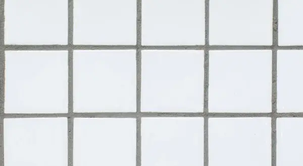 A grid of small, white square tiles with gray grout filling the spaces between them. This grout is what holds the tiles together and prevents water from seeping through.