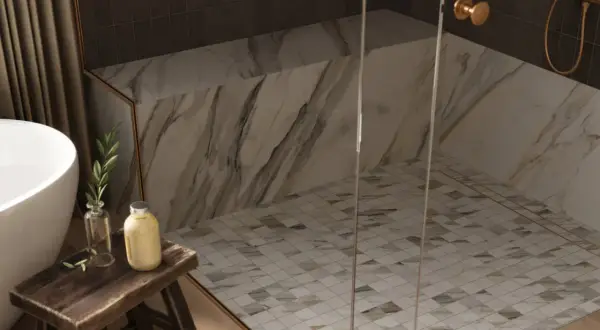 Elegant shower floor designs featuring a mosaic of small, diamond-shaped tiles in white and earth tones, complementing the marble walls.