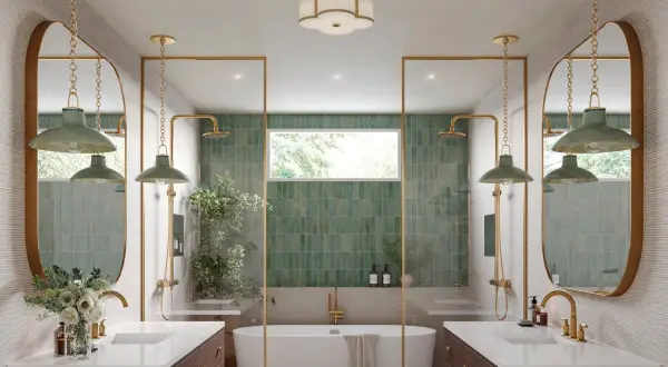Elegant bathroom with dual vanities, a freestanding tub, and green tiled showers. Learn how to hang a bathroom mirror for a similar look.