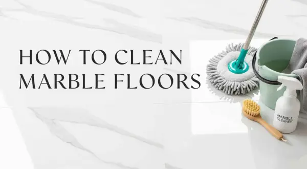 Learn how to clean marble floors with this guide. Supplies include a mop, bucket, spray bottle labeled "Marble Cleaner," and a brush.